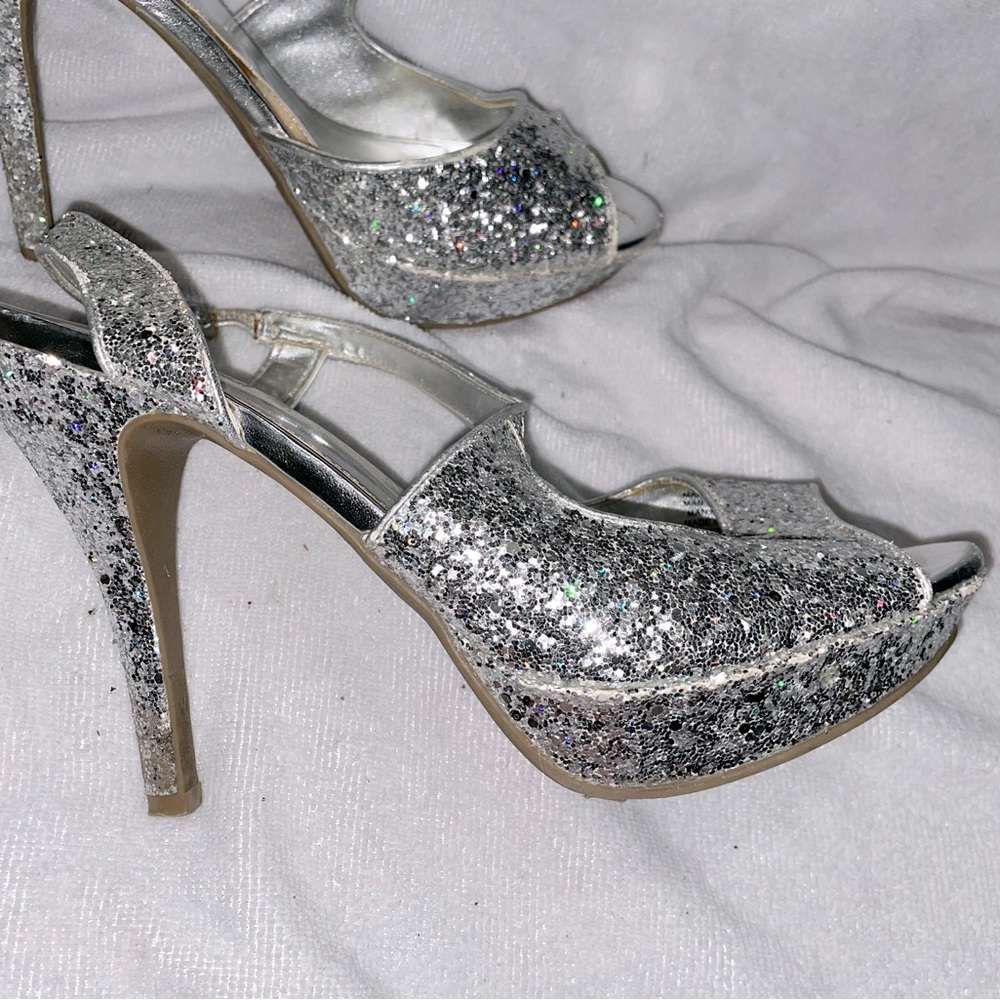 Unlisted Silver Sparkle Platform Strap Stiletto Heels Plus Size 11